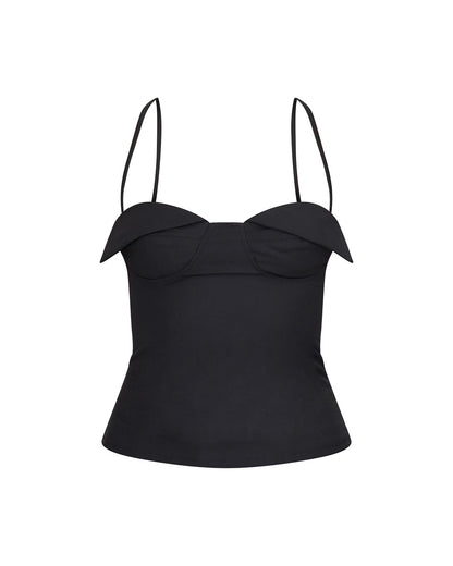 topwear,tops,casual, outdoor events,bold, minimal, summer,woven,cotton,black,solid,zipper,slim fit,fitted,waist length,straight hem,cami neck,spaghetti strap, OY1921, 25060026GG