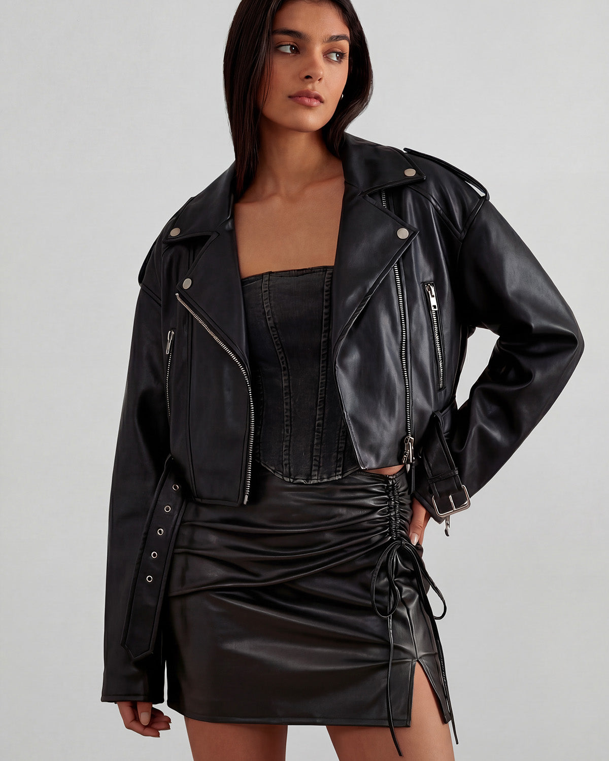[Set of 2] Belted Leather Jacket & Ruched Leather Skirt Set