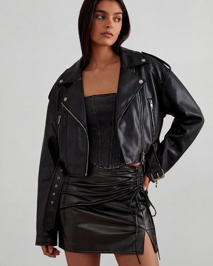 [Set of 2] Belted Leather Jacket & Ruched Leather Skirt Set