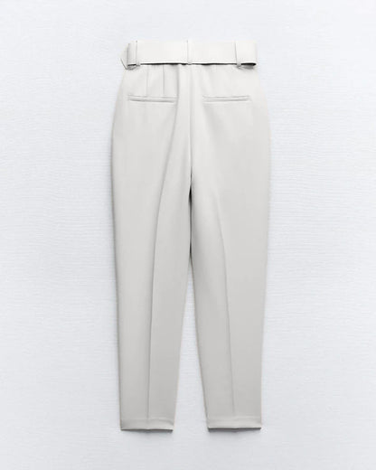 bottomwear,pants,formal, semi-formal,business outfit, urban fit, workwear,woven,polyester, spandex,white,pleated,belt,tailored fit,tapered,full length,high rise	25090037GG, OY942