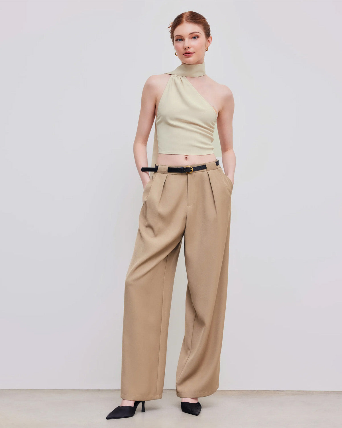 bottomwear,pants,semi-formal,workwear,stretchable,polyester, spandex,beige,pleated,tailored fit,wide leg,full length,high rise, OY975-beige,  25090001GG