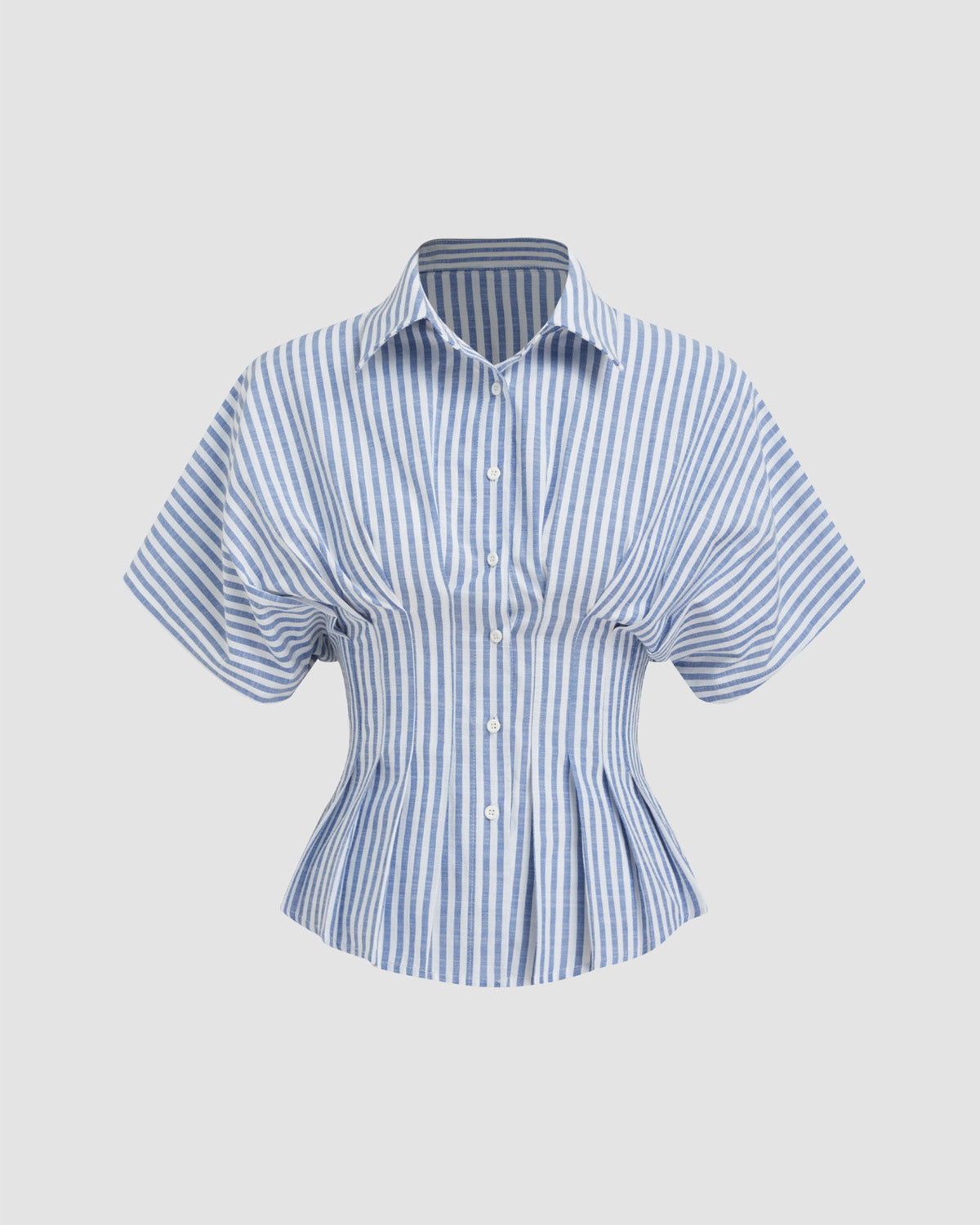 topwear,tops,casual, outdoor events,minimal, summer, streetwear,woven,linen,printed,blue,color block, pinstripes,pleated, pinstripes,button,tailored fit,fit and flare,waist length,curved hem,shirt collar,batwing sleeve,short sleeves	25060048GG,OY2016