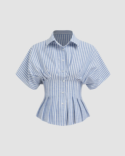 topwear,tops,casual, outdoor events,minimal, summer, streetwear,woven,linen,printed,blue,color block, pinstripes,pleated, pinstripes,button,tailored fit,fit and flare,waist length,curved hem,shirt collar,batwing sleeve,short sleeves	25060048GG,OY2016
