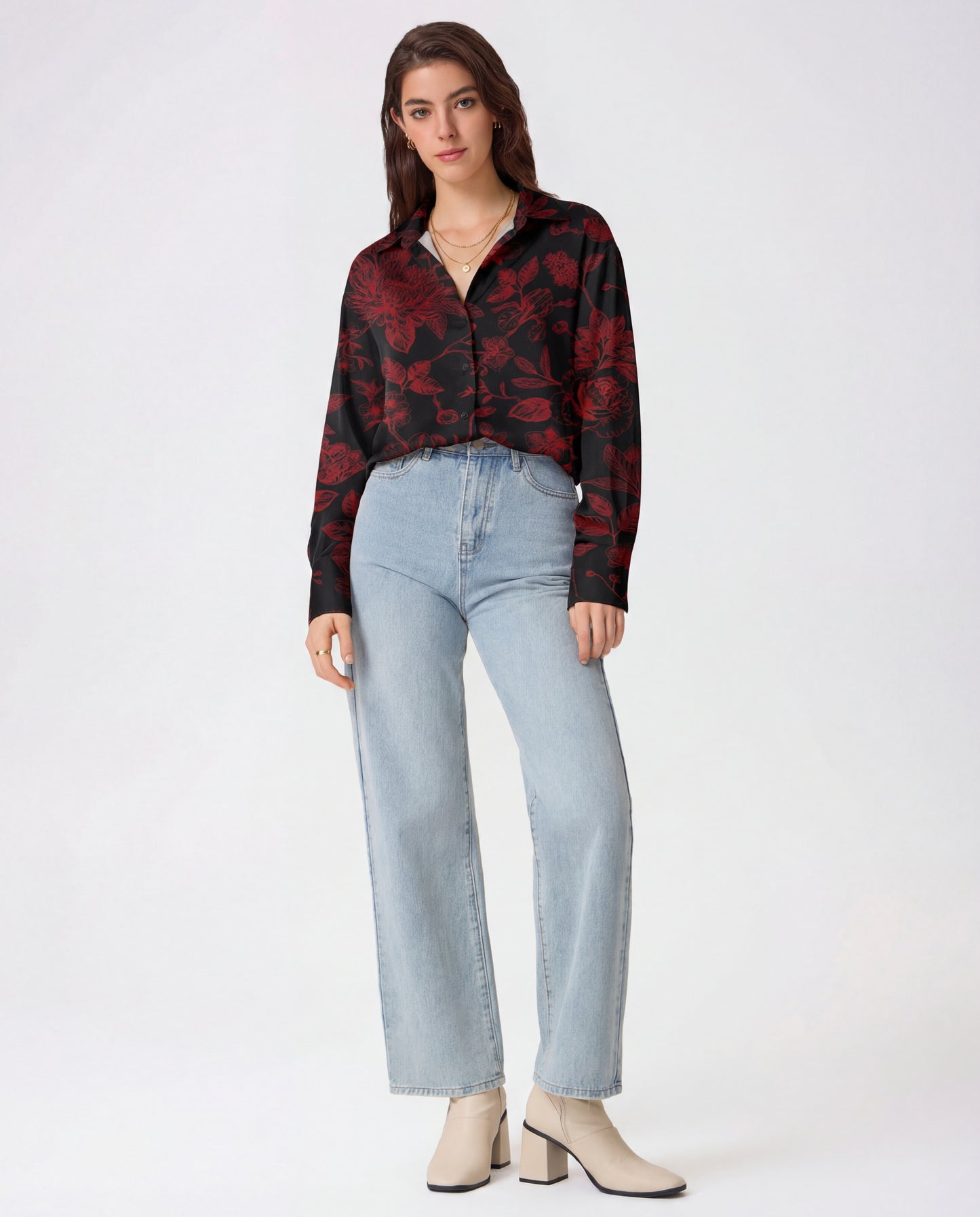 Deep Red Florals Satin Shirt