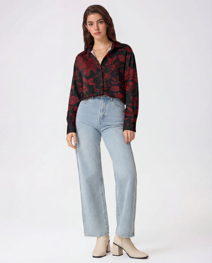 Deep Red Florals Satin Shirt