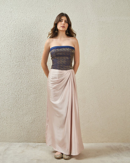topwear,tops,ethnic, indo-western,bold, ethnic wear, festive wear, indian wear, summer,woven,brocade,brocade,navy,floral pattern,criss cross detail,zipper,skinny fit,bandeau,waist length,straight hem,off shoulder,no straps,off shoulder,sleeveless, 25070034GG, OY3003 navy 