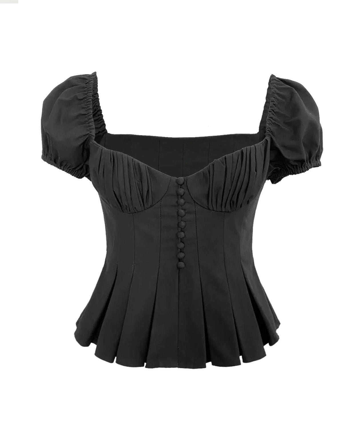 topwear,tops,outdoor events,glam, minimal, summer,woven,cotton,black,solid,ruched,,skinny fit,peplum,waist length,flared hem,sweetheart neck,,puff sleeves,short sleeves, OY1902	,25060002GG