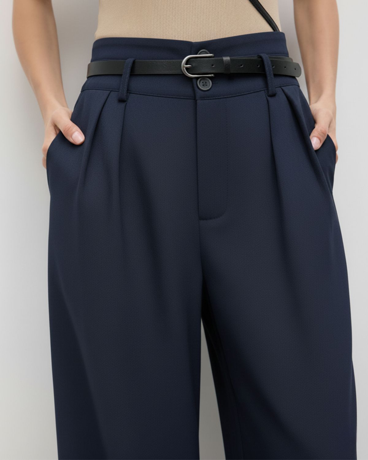 bottomwear,pants,semi-formal,business outfit,stretchable,polyester, spandex,navy blue,pleated,tailored fit,wide leg,full length,high rise, OY-959- NAVY, 25090075GG
