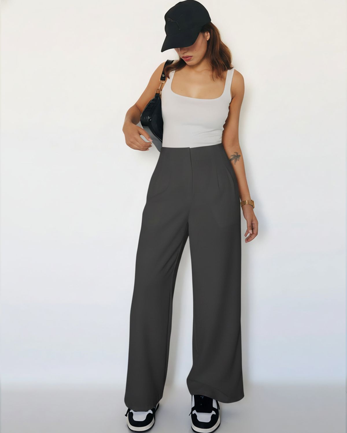 bottomwear,trousers,semi-formal,workwear,stretchable,polyester, spandex,grey,pleated,relaxed fit,wide leg,full length,high rise, OY963- dark grey ,25090079GG