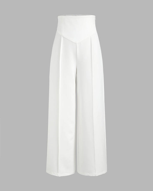 SCULPTED WAIST PLEATED TROUSERS,Color: White
Fabric: 95% poly 5% spandex
Fit: Tailored Fit
Length: Full Length(41")
Waist: High Rise 
Closure: Elasticated
No. of Pockets: 2
Print: Solid
Details: Corset shaped panel in front for a clinched waist look,pants,bottomwear,pants,semi-formal,business outfit,stretchable,polyester, spandex,white,pleated,tailored fit,wide leg,full length,high rise