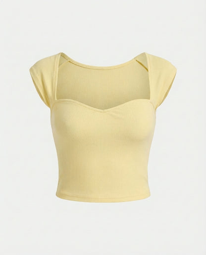 topwear,tops,casual,streetwear,knitted,single jersey,yellow,solid,slim fit,crop,crop,sweetheart neck,cap sleeves	24060027AB, OY647