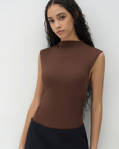 topwear,tops,casual, casual chic,bold, gen z,knitted, stretchable,ribbed,brown,solid,ruched,skinny fit,bodysuit,longline,curved hem,high neck,no straps,no sleeves,sleeveless, OY2158, 25080020GG
