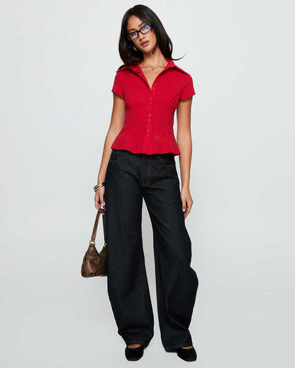 topwear,tops, shirts,casual, casual chic, semi-formal,creative workwear, gen z, millenial, minimal, summer,woven,poplin stretch,red,solid,panelling,button,slim fit,shirt,waist length,flared hem,shirt collar,no straps,set in sleeves,short sleeves, OY2128, 25090025GG
