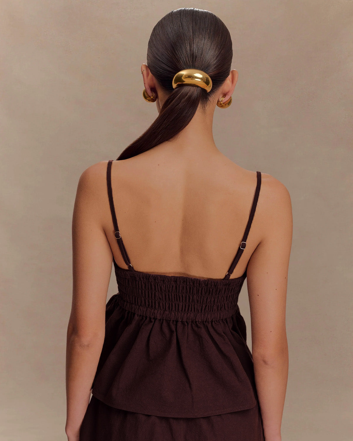 coord sets,bottomwear, topwear,casual chic, outddoors, vacation, lunch date, summer,urban fit, genz, minimal,woven,cotton,,,dark brown,solid,gathers,beads,regular fit top,cami neck top,waist length top,flared hem,sweetheart neck,adjustable straps,no sleeves,sleeveless,slip on top,pants,wide leg pants,full length,straight hem,mid rise waist,side pockets, OY3053, 25070024GG