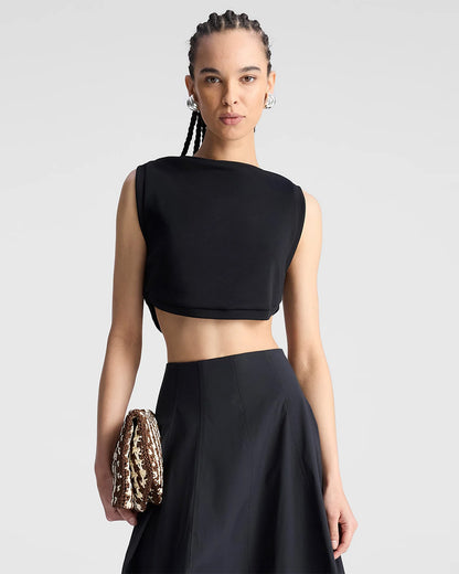 coord sets,bottomwear, topwear,casual chic, vacation, outdoor events, summer,genz fit,woven,cotton,panels,black,solid,panelling,,,relaxed fit top,tank top,crop length top,curve hem top,boat neck,no straps ,no sleeves,sleeveless,slip on,skirts,bubble skirt,full length,bubble hem,mid rise waist,side pockets, OY3059, 25070028GG