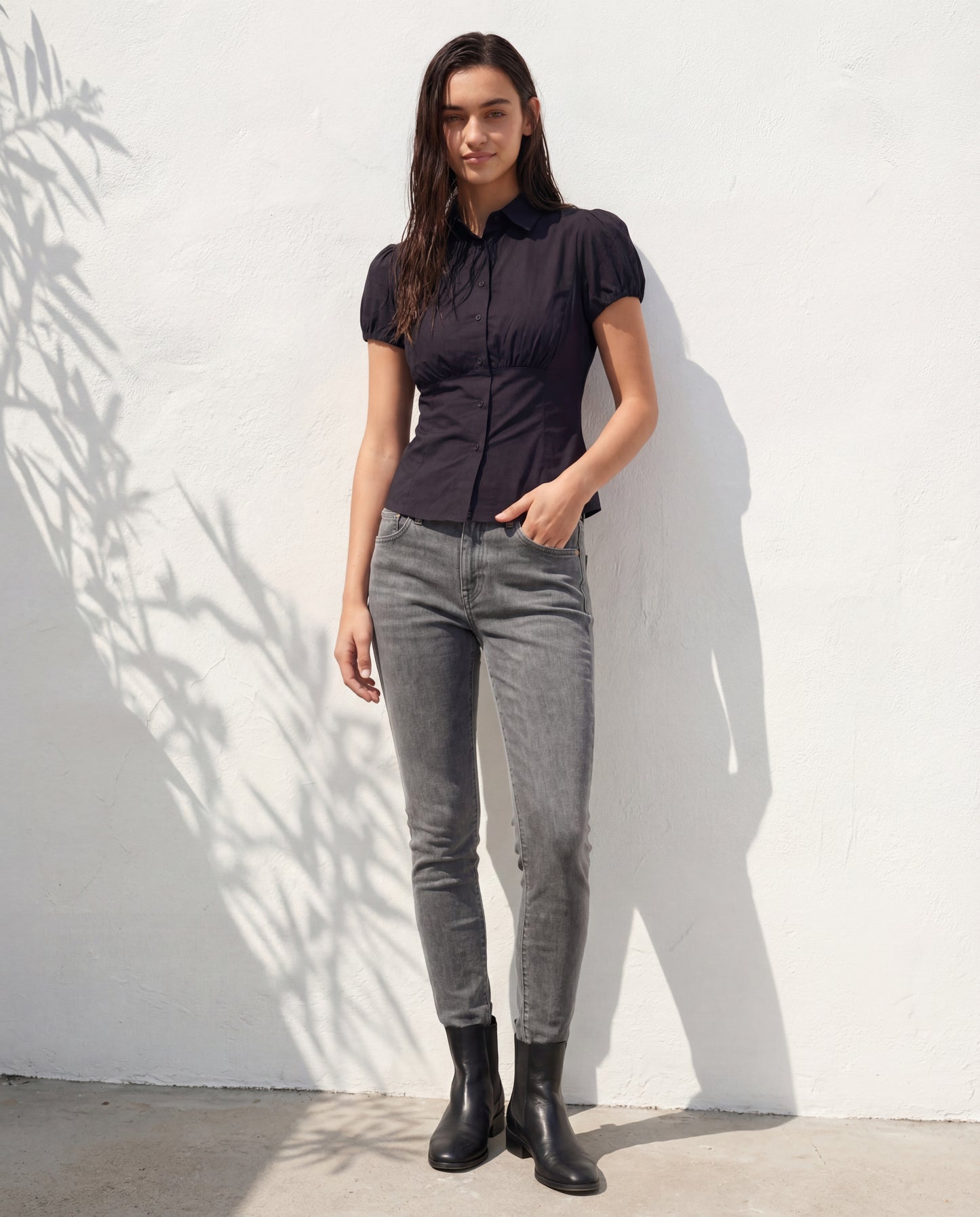 topwear,tops,casual, semi-formal,minimal, summer, timeless,woven,cotton,black,solid,ruched,button,slim fit,waist length,curved hem,collared,puff sleeves,OY1905	,25060005GG