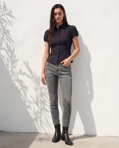 topwear,tops,casual, semi-formal,minimal, summer, timeless,woven,cotton,black,solid,ruched,button,slim fit,waist length,curved hem,collared,puff sleeves,OY1905	,25060005GG