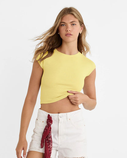 topwear,tops,casual,summer, streetwear,knitted, stretchable,cotton, ribbed,lemon yellow,solid,slim fit,fitted,crop,crew neck,cap sleeves,short sleeves,lavender,black,25050001BU