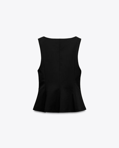 topwear,tops,casual chic, semi-formal,creative workwear, gen z, millenial, minimal, sophisticated, summer,knitted,polyester, spandex,black,solid,panelling,zipper,tailored fit,peplum,waist length,flounce hem,square neck,shoulder strap,no sleeves,sleeveless, OY3151, 25090010GG
