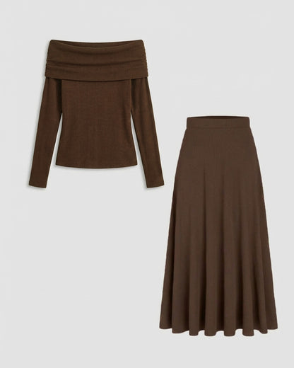 Brown Bardot Top With Skirt - Coord Set