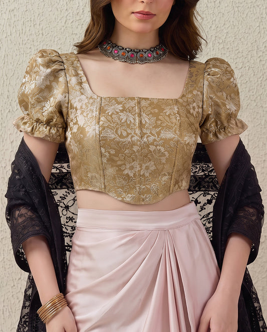 Gold Puff Sleeves Brocade Corset Top