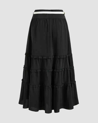 bottomwear,skirts,casual, casual chic, vacation,soft girl, summer, vintage, y2k,woven,cotton,gathered, panelling,black,panelled, ruffled,belt,flared fit,flared,full length,flared,mid rise, 25070006GG, OY2073
