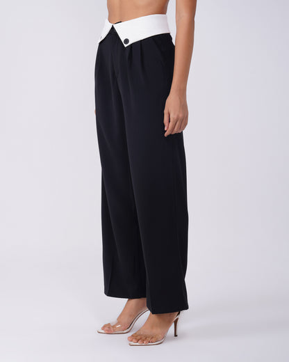 PLEATED PANT,black, bottomwear, casual, full length, high rise, pants, polyester, straight fit, streetwear, summer, wide leg, woven,pleated_pant_black,Color- BlackFabric- PolyesterFit- Relaxed Fit Type- Wide LegLength- Full Length(41in)Waist- High RiseClosure- Zip &amp; ButtonNo. of Pockets- 2Print- SolidDetail- Fabric panel at waist