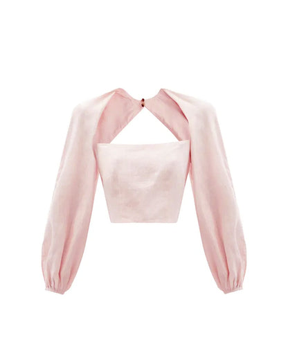 coord sets,skirt, topwear,vacation, outdoor events,minimal, sophisticated, summer, urban fit,woven,cotton slub,soft pink,solid,cutout, pleated,regular fit top,fitted top,crop top,straight hem,square neck,,balloon sleeves,long sleeves,zipper back,skirts,a-line skirt,midi,,mid rise waist,25040018GG, OY1404