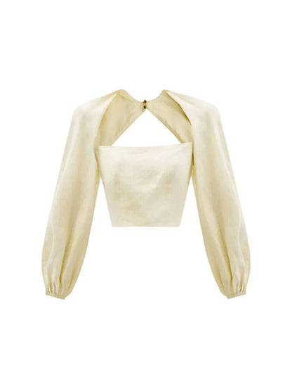 coord sets,skirt, topwear,vacation, outdoor events,minimal, sophisticated, summer, urban fit,woven,cotton slub,cream,solid,cutout, pleated,regular fit top,fitted top,crop top,straight hem,square neck,balloon sleeves,long sleeves,zipper back,skirts,a-line skirt,midi,mid rise waist,OY1404- cream, 25090081GG