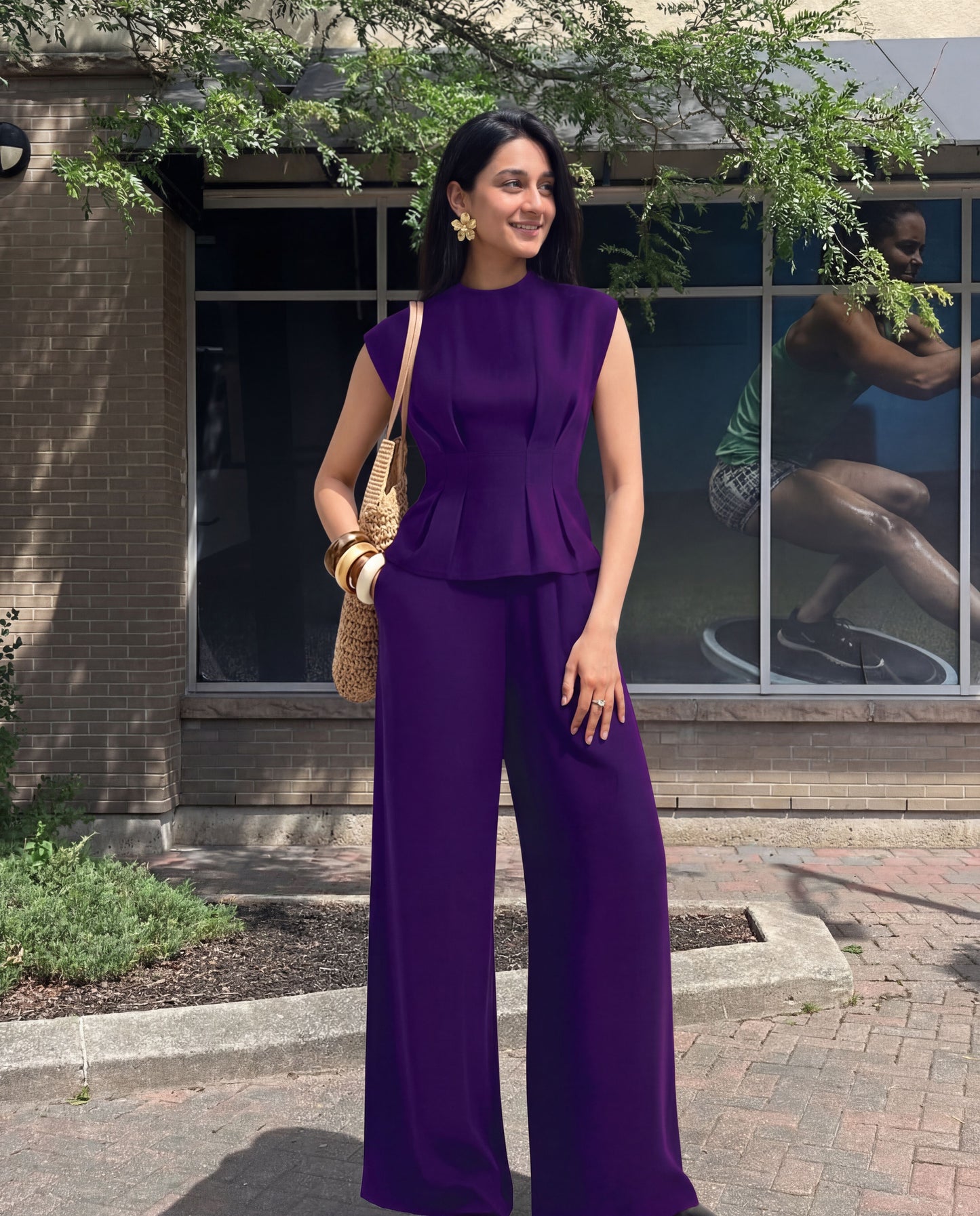 Tailored Linen Blend Top & Pants Co-Ord Set Purple