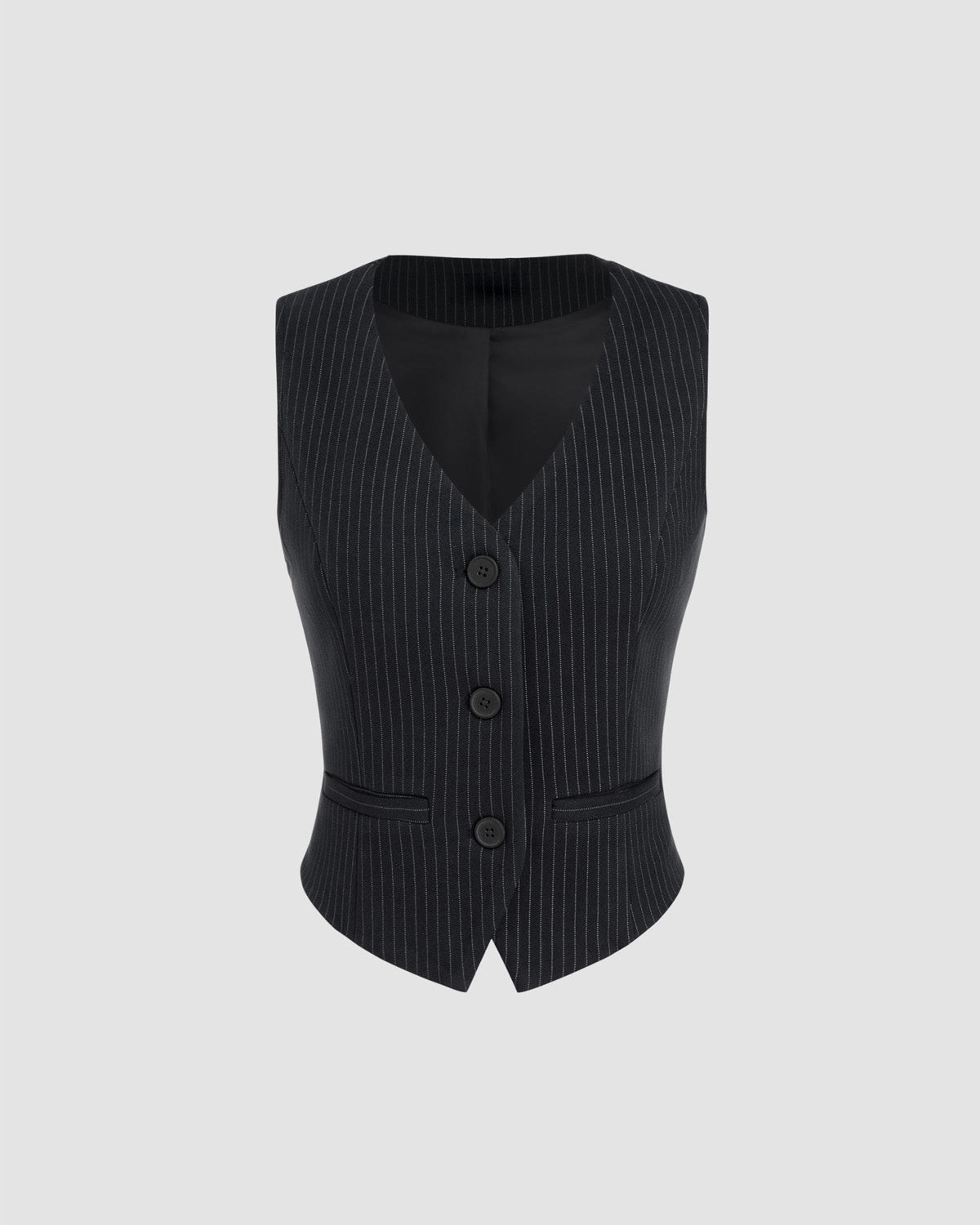 topwear,tops,formal, semi-formal,creative workwear, minimal, summer,woven,polycotton,black,pinstripes, stripes,pinstripes, slit,button,regular fit,vest,waist length,curved hem,v-neck,sleeveless,OY2004, 25060036GG
