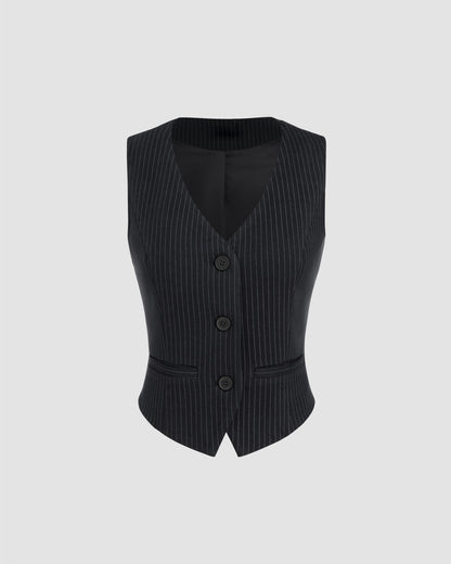 topwear,tops,formal, semi-formal,creative workwear, minimal, summer,woven,polycotton,black,pinstripes, stripes,pinstripes, slit,button,regular fit,vest,waist length,curved hem,v-neck,sleeveless,OY2004, 25060036GG