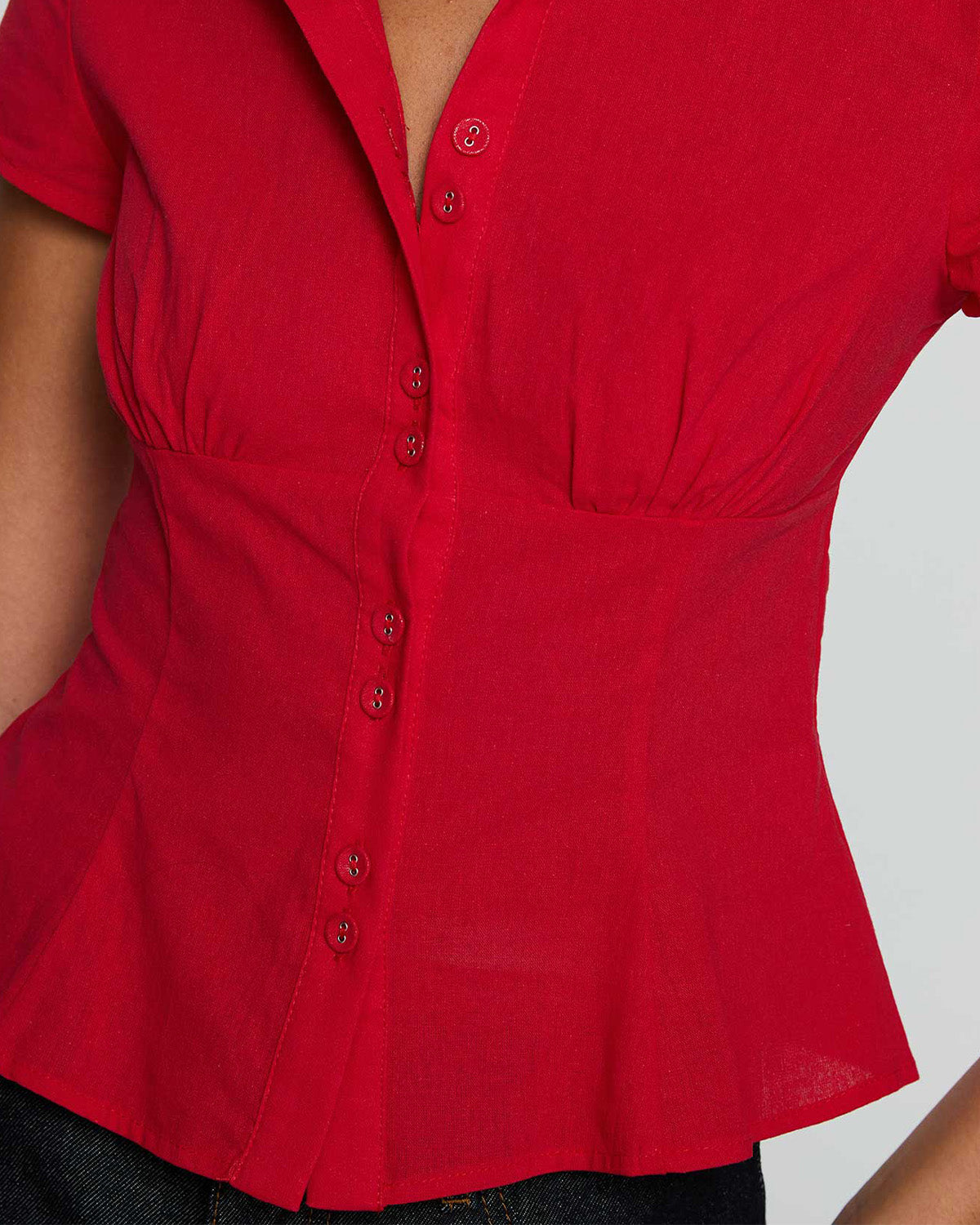 topwear,tops, shirts,casual, casual chic, semi-formal,creative workwear, gen z, millenial, minimal, summer,woven,poplin stretch,red,solid,panelling,button,slim fit,shirt,waist length,flared hem,shirt collar,no straps,set in sleeves,short sleeves, OY2128, 25090025GG