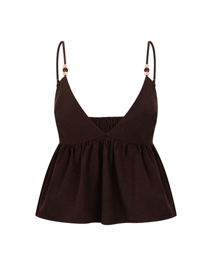 coord sets,bottomwear, topwear,casual chic, outddoors, vacation, lunch date, summer,urban fit, genz, minimal,woven,cotton,,,dark brown,solid,gathers,beads,regular fit top,cami neck top,waist length top,flared hem,sweetheart neck,adjustable straps,no sleeves,sleeveless,slip on top,pants,wide leg pants,full length,straight hem,mid rise waist,side pockets, OY3053, 25070024GG