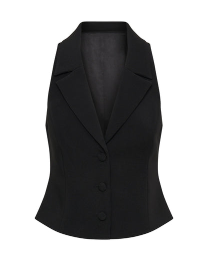 topwear,tops, waist coat,formal, semi-formal, outdoor events,creative workwear, minimal, summer,stretchable,polyester, spandex,black,solid,tailored fit,waist coat,waist length,lapel collar,sleeveless,25010064GG, OY1708