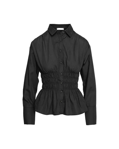 topwear,tops,casual, outdoor events,minimal, summer, streetwear,knitted,cotton,black,solid,ruched,button,slim fit,shirt,regular length,curved hem,collared,long sleeveless, OY1923, 25060028GG