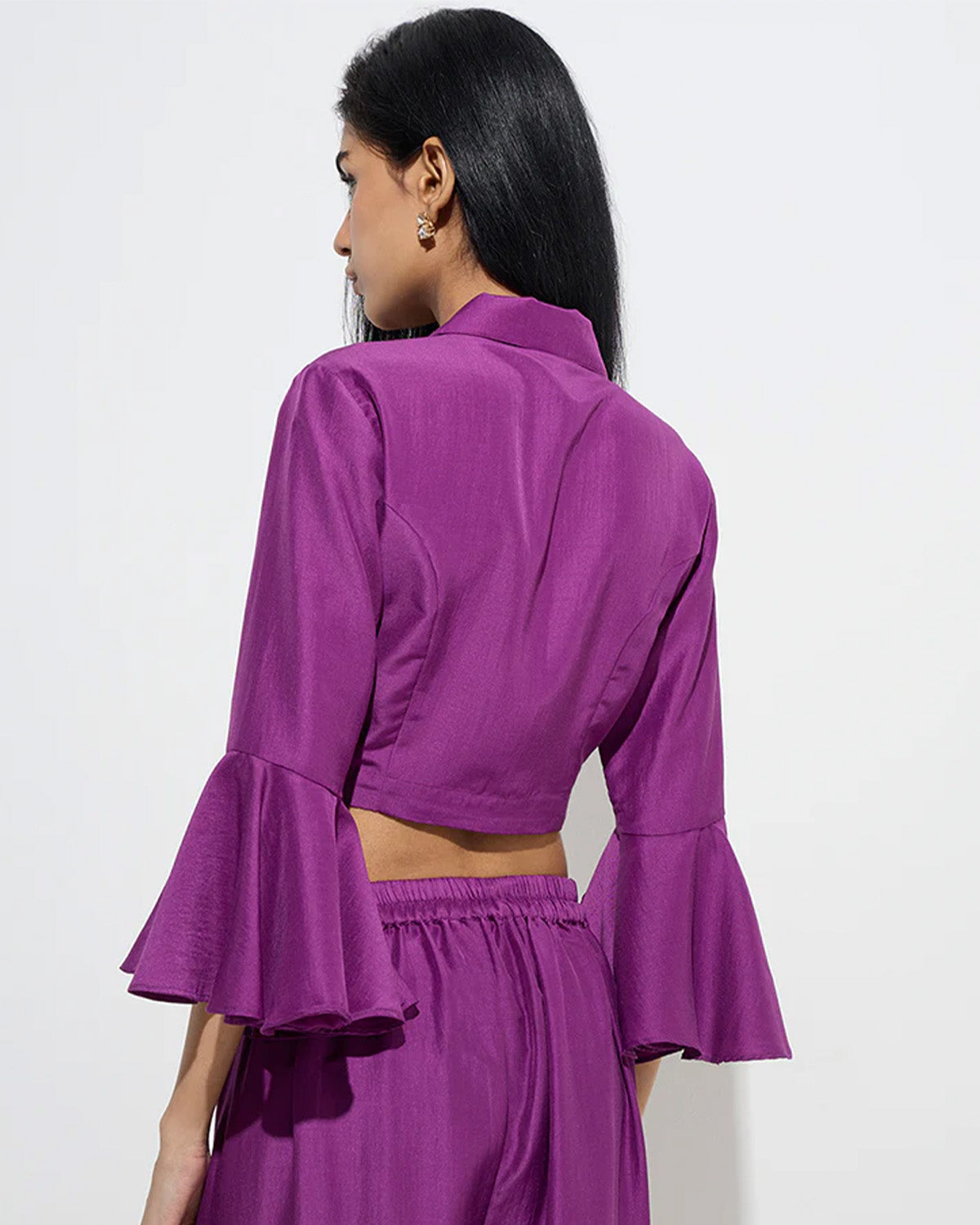 coord sets,bottomwear, topwear,party, outdoor events,festive, glam, indo western, minimal, soft girl,woven,santoon,embroidered,plum,solid,panelling,bead, rhinestone,regular fit top,crop top,crop top,flared hem,lapel collar,no straps,flounce sleeve,three quarter sleeves,button up,pants,panelled flare pants,full length,flared hem,mid rise waist,oy3033,25070060GG
