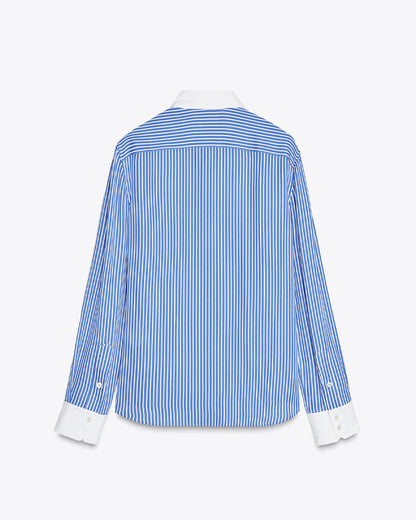 topwear,tops, shirts,casual, formal, semi-formal,minimal, soft girl, summer,woven,polycotton,printed,blue,pinstripes,color block,button,regular fit,shirt,longline,curved hem,shirt collar,full sleeves,cuff sleeves,OY2013, 25060045GG