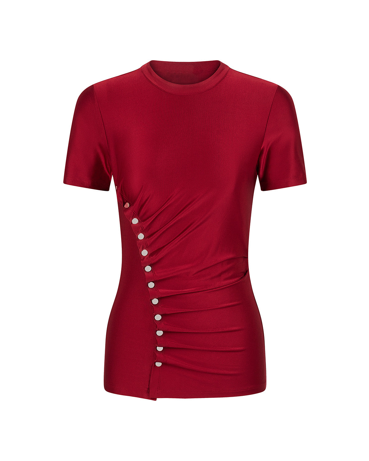 coord sets,bottomwear, topwear,casual chic, vacation, outdoor events, minimal, summer, urban fit, ,knitted,polyester, spandex,gathers,red,solid,fabric gathers,buttons,slim fit top,fitted top,waist length top,straight hem,crew neck,no straps ,short sleeves,short sleeves,slip on,skirts,slit  skirt,ankle length,straight hem,mid rise waist,no pockets,OY3062, 25070031GG