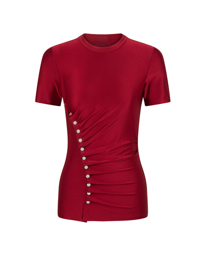 coord sets,bottomwear, topwear,casual chic, vacation, outdoor events, minimal, summer, urban fit, ,knitted,polyester, spandex,gathers,red,solid,fabric gathers,buttons,slim fit top,fitted top,waist length top,straight hem,crew neck,no straps ,short sleeves,short sleeves,slip on,skirts,slit  skirt,ankle length,straight hem,mid rise waist,no pockets,OY3062, 25070031GG