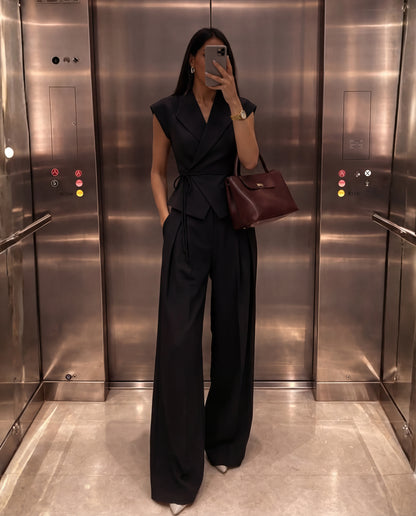 Black Tailored Peplum Vest and Wide Leg Pant Set