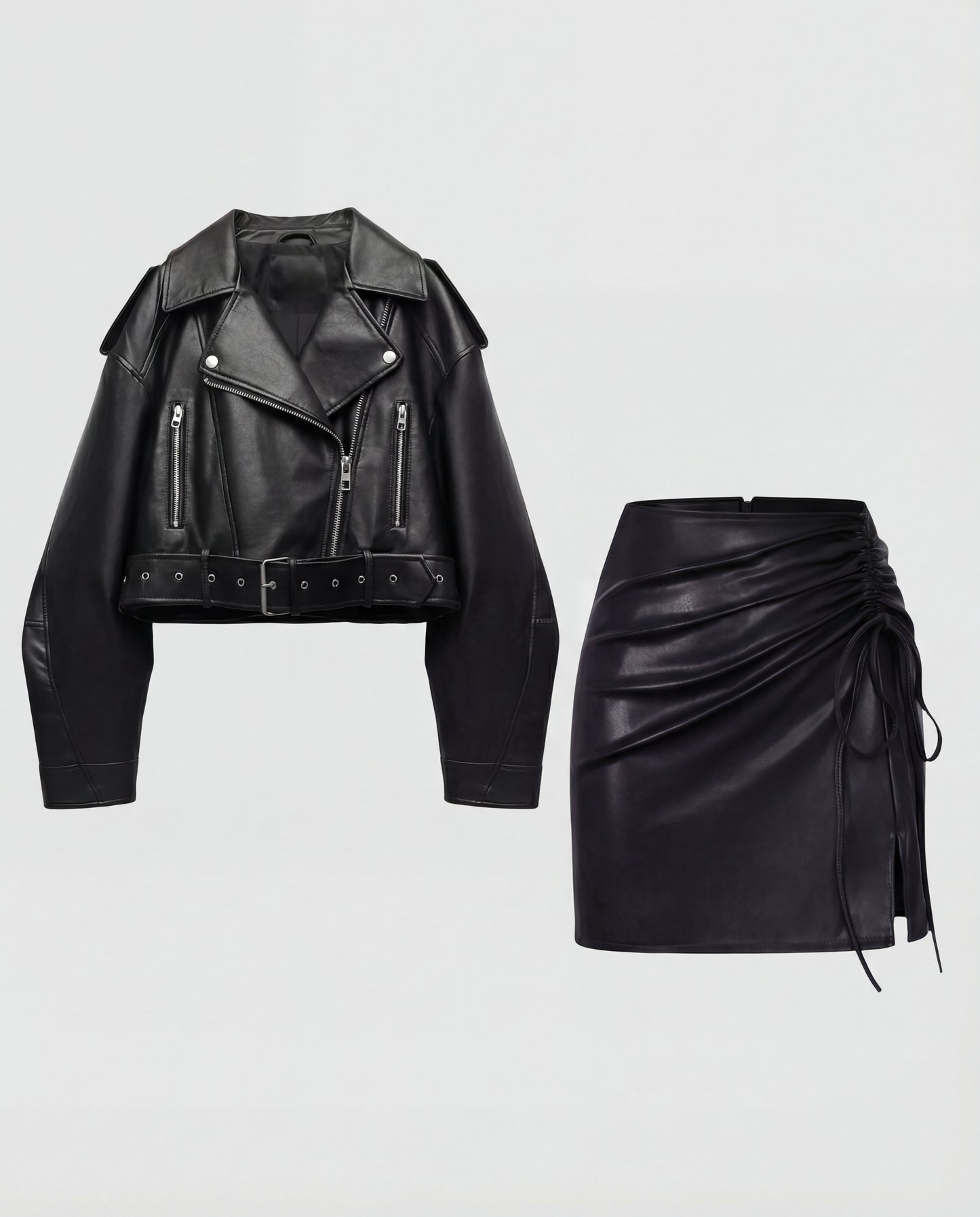 [Set of 2] Belted Leather Jacket & Ruched Leather Skirt Set