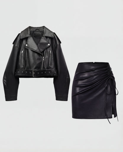 [Set of 2] Belted Leather Jacket & Ruched Leather Skirt Set