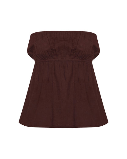 coord sets,bottomwear, topwear,casual chic, vacation, outdoor events, summer,urban fit, genz,woven,cotton,gathers,dark brown,solid,gathers,,,fit and flare fit,bandeau,waist length top,flared hem,off shoulder,no straps ,no sleeves,sleeveless,slip on,pants,wide leg pants,full length,straight hem,mid rise waist,side pockets, OY3058, 25070027GG