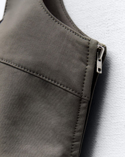 topwear,tops,casual, outdoor events,summer, streetwear,woven,cotton twill,,moss green,solid,pleated,zipper,tailored fit,fitted,waist length,asymmetric hem,square neck,shoulder strap,sleeveless,25040024GG, OY 1202