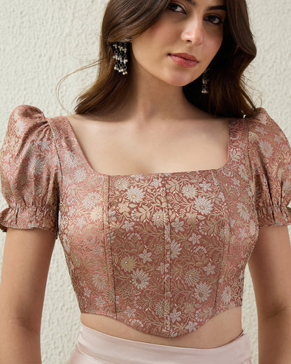 topwear,tops,ethnic, indo-western,ethnic wear, festive wear, indian wear, summer,woven,brocade,banarasi brocade,rose gold,floral pattern,textured,zipper,skinny fit,corset,crop,curved hem,square neck,no straps,puff sleeves,short sleeves, OY2090  rose gold, 25070042GG