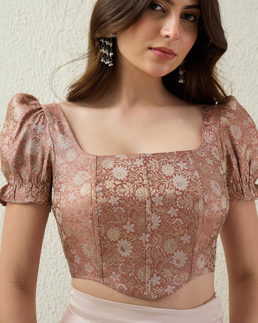 topwear,tops,ethnic, indo-western,ethnic wear, festive wear, indian wear, summer,woven,brocade,banarasi brocade,rose gold,floral pattern,textured,zipper,skinny fit,corset,crop,curved hem,square neck,no straps,puff sleeves,short sleeves, OY2090  rose gold, 25070042GG