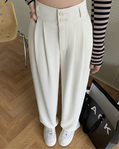 bottomwear,pants,semi-formal,business outfit,stretchable,polyester, spandex,white,pleated,tailored fit,wide leg,full length,high rise