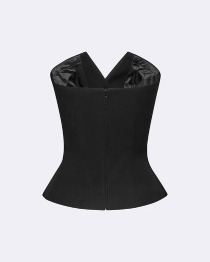 black, corset,topwear,tops,casual,gen z, summer,streetwear, elegant, classy,solid,ruched,button,slim fit,fitted,waist length, no straps,set in sleeves,short sleeves, OY1702