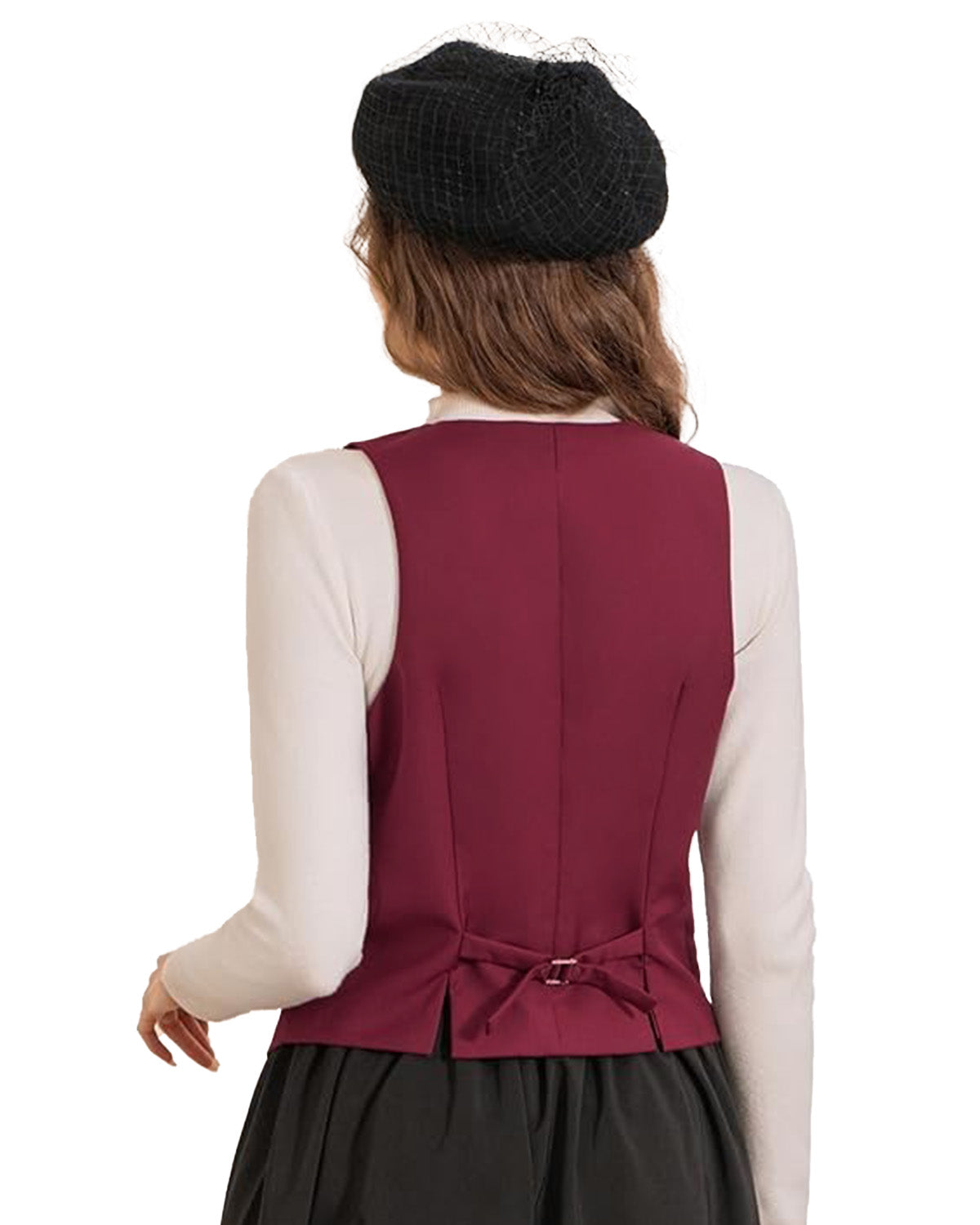 topwear,tops,formal, semi-formal,creative workwear, minimal, summer,stretchable,polyester, spandex,maroon,solid,oblique placket,regular fit,waist coat,regular length,slit hem,v-neck,sleeveless	25010060GG,OY1703